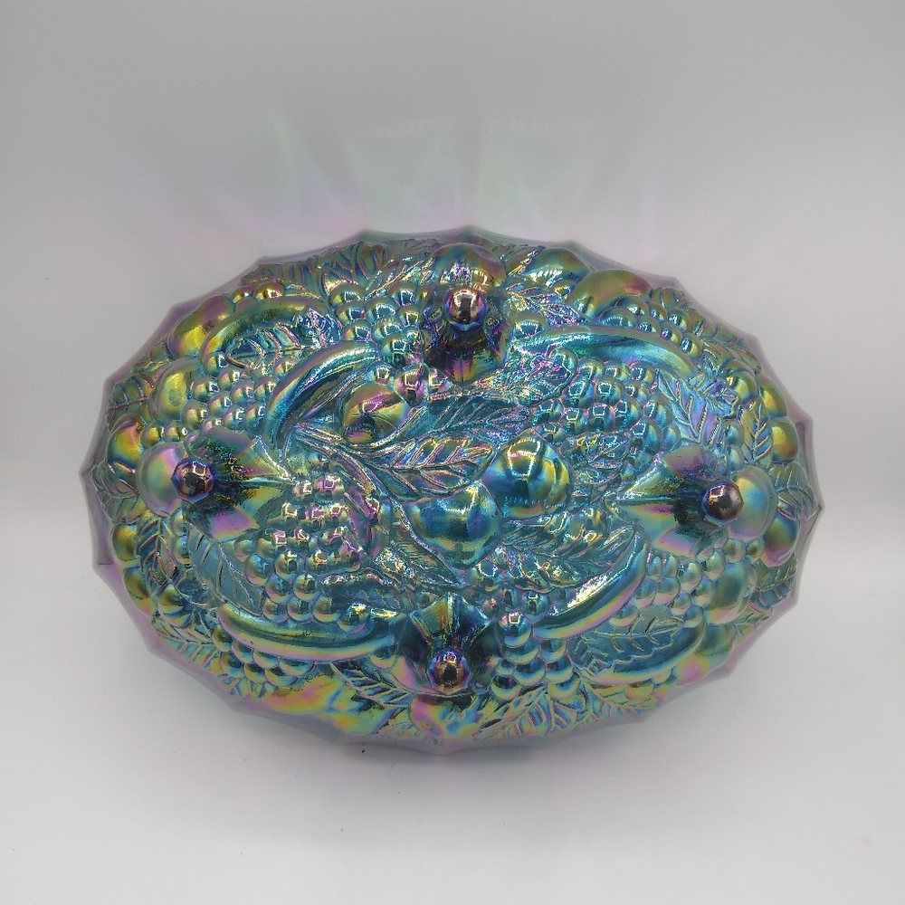 Indiana Glass Harvest Grapes Carnival Iridescent Blue Footed Large Oval Bowl - Picture 4 of 11